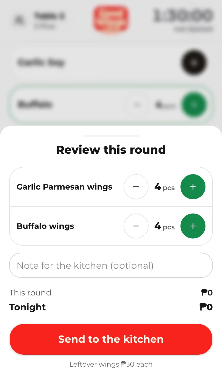 Guest reviewing wing flavours and quantities, shown with synthetic demo data