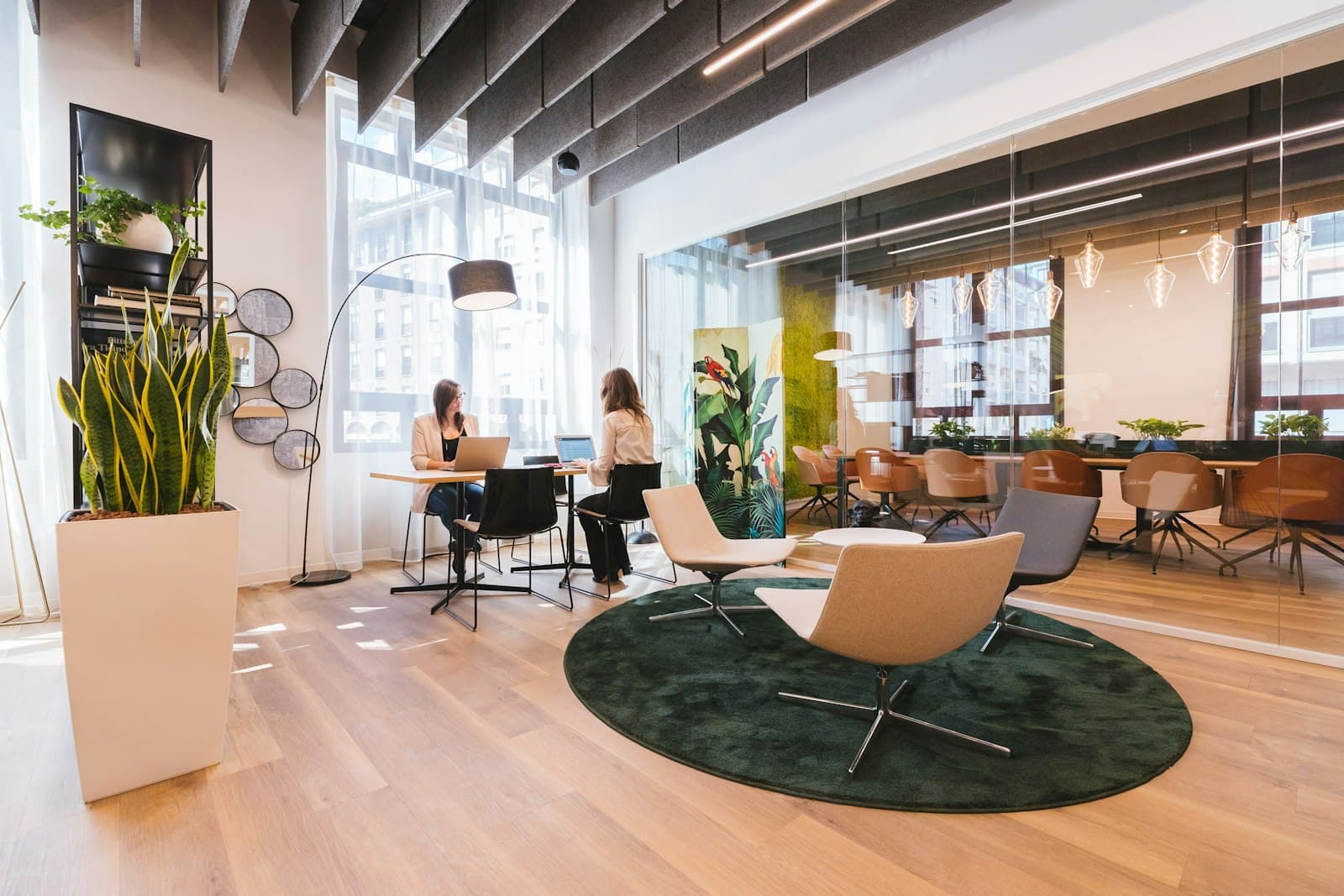 A bright modern office with plants and a lounge area