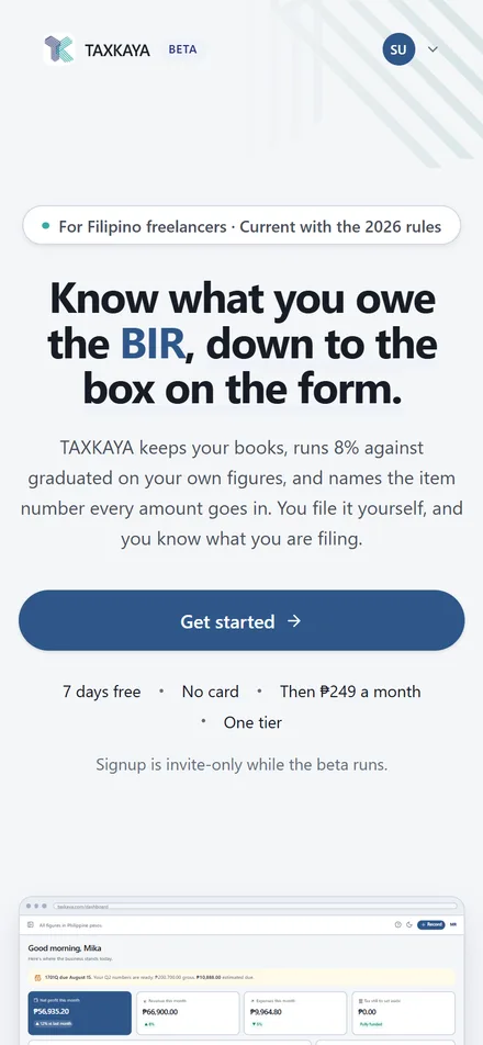 The TAXKAYA home page on a phone